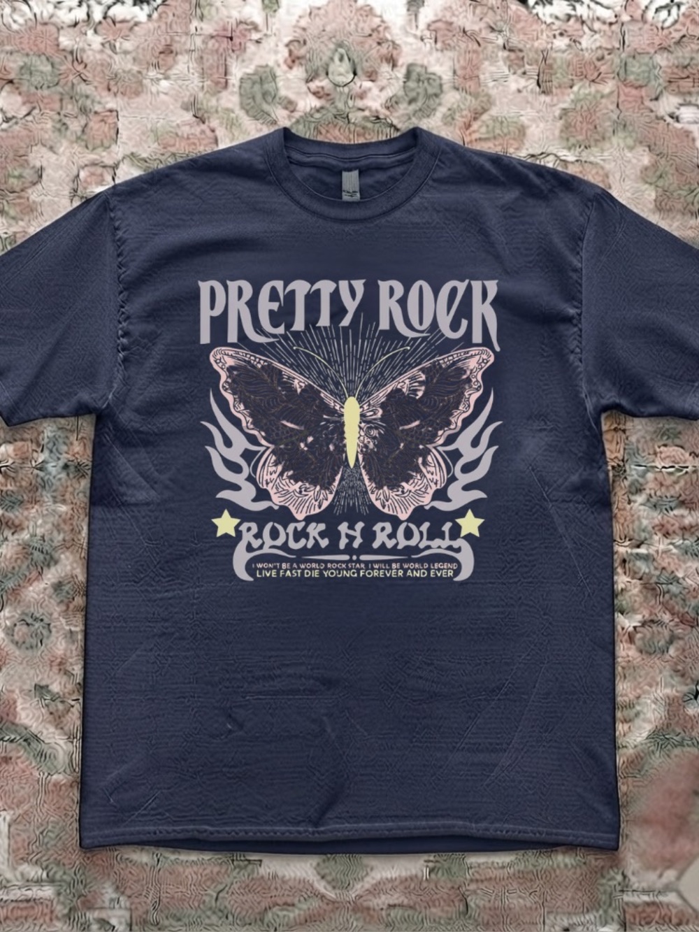 Pretty Rock Rock N Roll Butterfly Flames Vintage Navy Blue T-Shirt